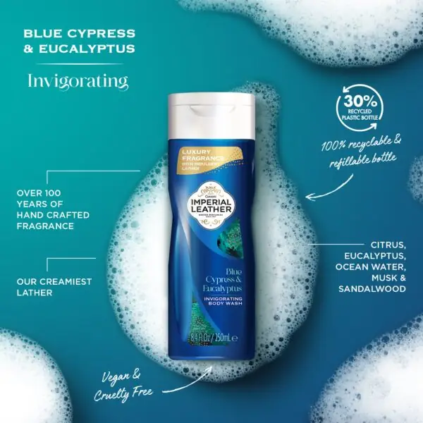 IMPERIAL LEATHER INVIGORATING BODY WASH BLUE CYPRESS AND EUCALYPTUS 250ML